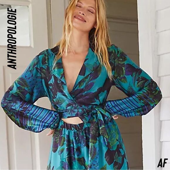 ANTHROPOLOGIE BY MARY O’MOLLY SILK JUMPSUIT IN BLUE GREEN FLORAL MEDIUM NWT - Picture 3 of 12